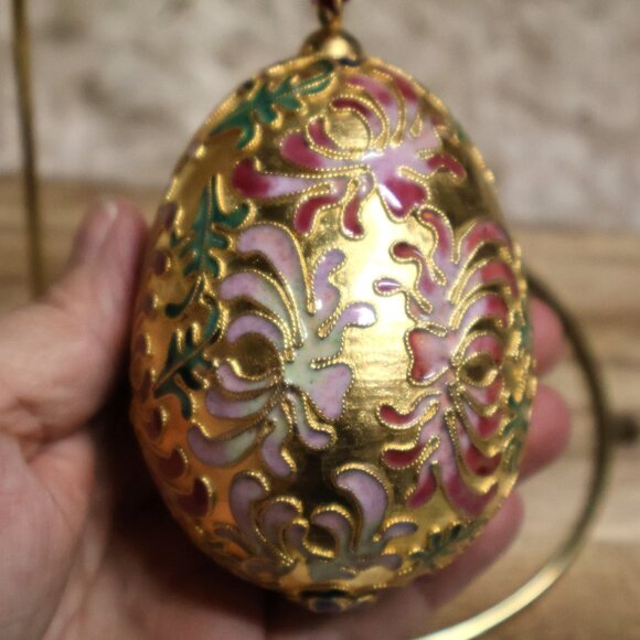 Cloisonne Enamel Flower Swirl Egg Ornament Gold Pink Green Blue Easter 3.75" - Picture 3 of 15